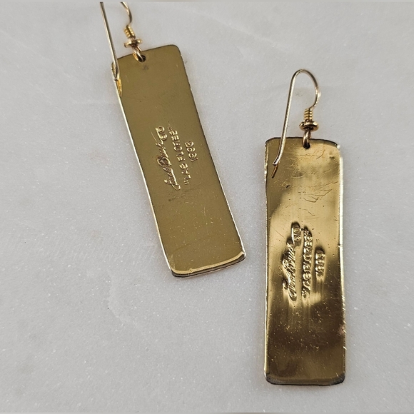 Laurel Burch 1993 Las Fores Signed Gold Tone Yellow and Red Enamel Earrings - Picture 2 of 5